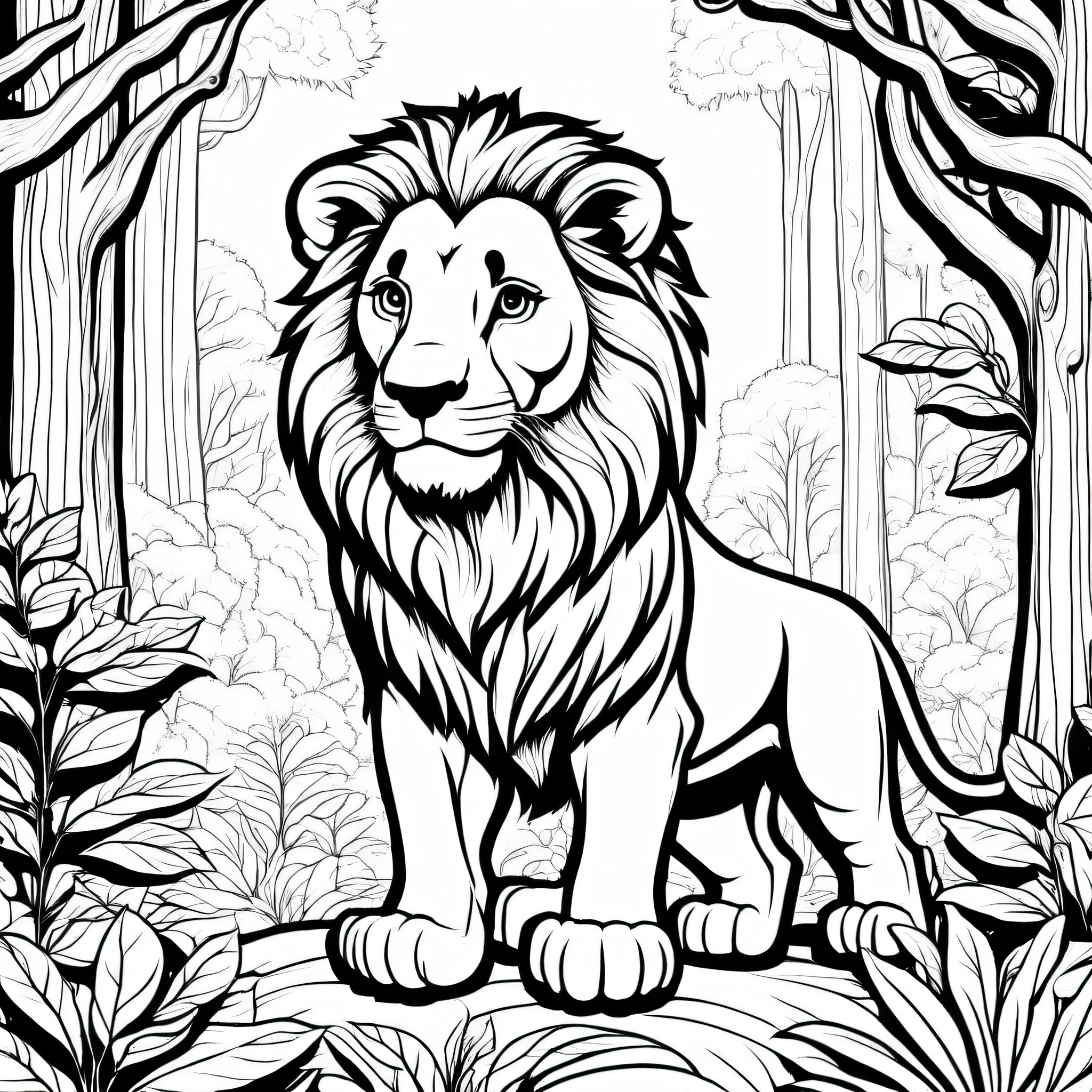A cute lion in the forest, cartoon, ,Coloring Book, ColoringBookAF,