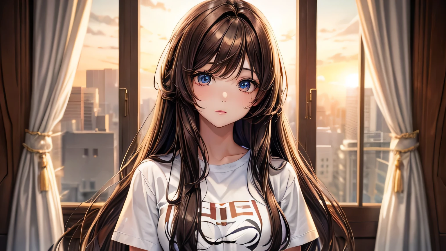 Beautiful woman 1.3, Beautiful brown hair、Straight Long Hair: 1.2, summer: 1.2,Sunset: 1.1, Ultra-high resolution, Accurate, Super detailed, Textured skin, High detail, highest quality, 8k,Thin bangs,Upper Body,Well-drawn eyes, Focus on the face,T-Shirts,Detailed hair depiction,Detailed depiction of eyes、Detailed depiction of hair、Upper Body、Inside the room