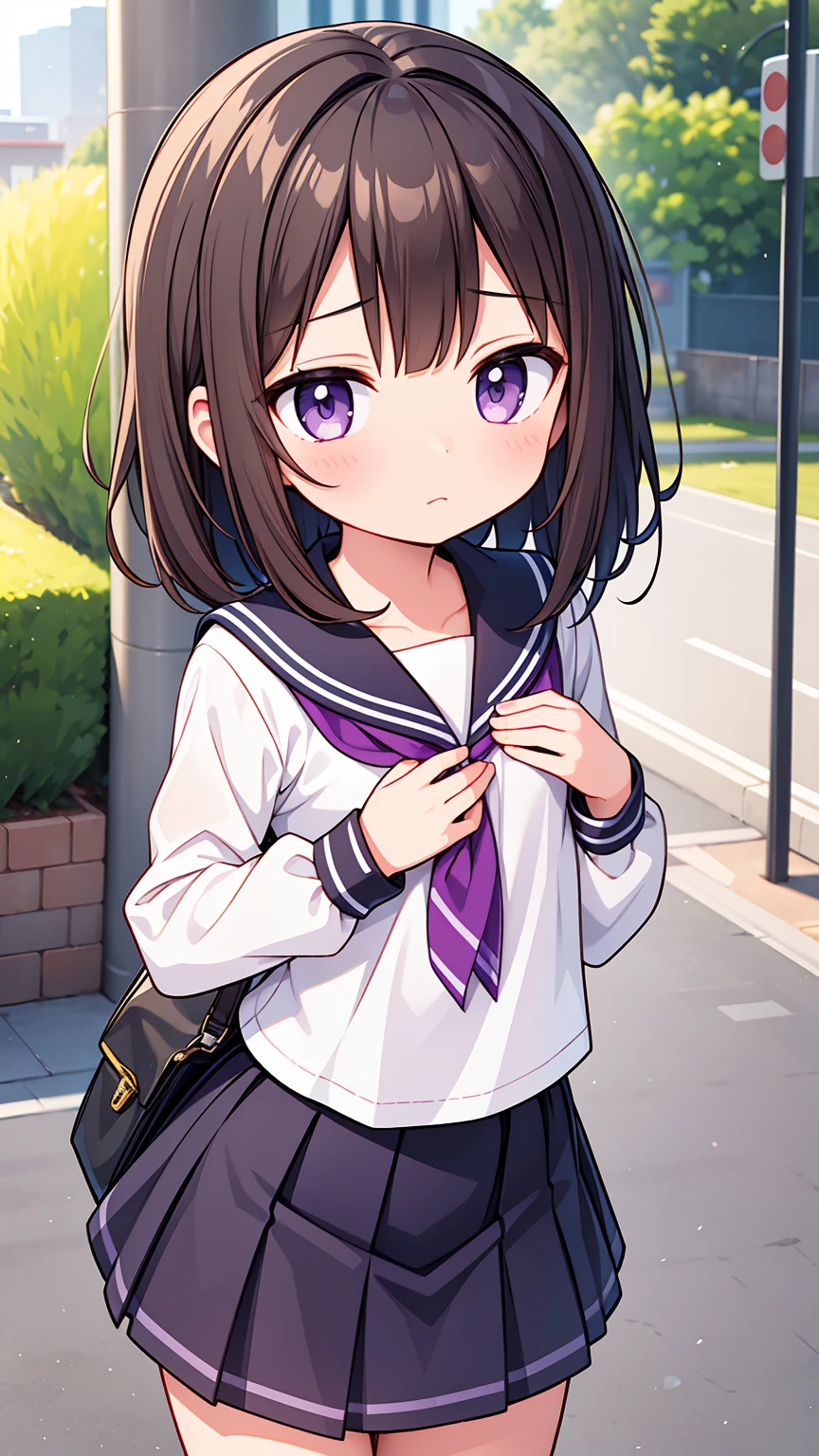 (High quality), (masterpiece), (very detailed), girl, (flat chest:1.6), short brown hair, purple eyes, shy face, primary school girl, white blouse, black skirt with pleats, (chibi:0.6), showing her thighs, on the school yard, sunny, school girl, (sailor uniform), confessing his love towards the viewer, spectator looked under her
