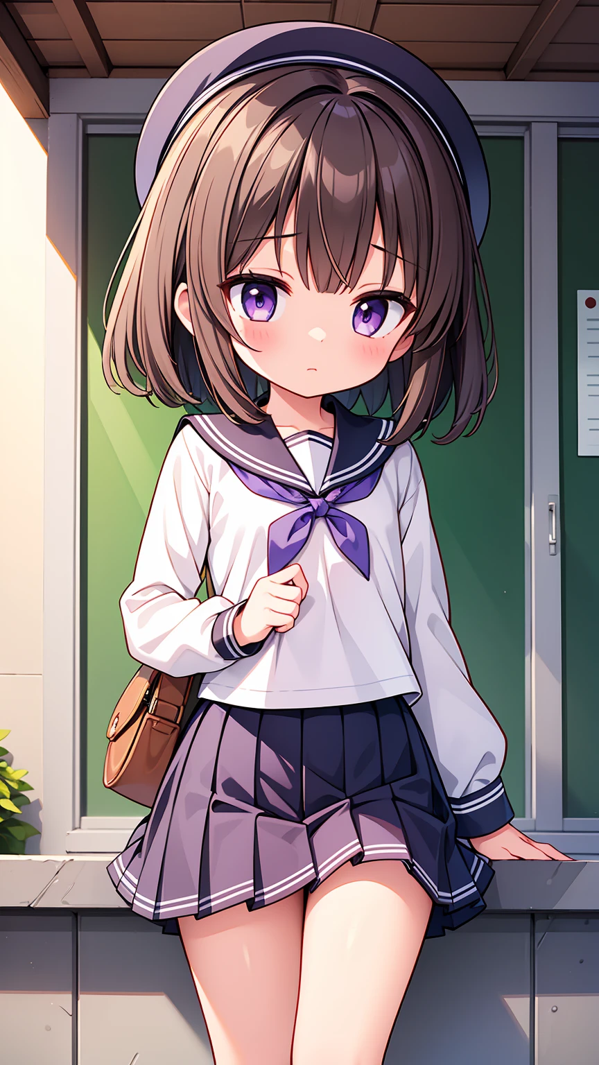 (High quality), (masterpiece), (very detailed), girl, (flat chest:1.6), short brown hair, purple eyes, shy face, primary school girl, white blouse, black skirt with pleats, (chibi:0.6), showing her thighs, on the school yard, sunny, school girl, (sailor uniform), confessing his love towards the viewer, spectator looked under her