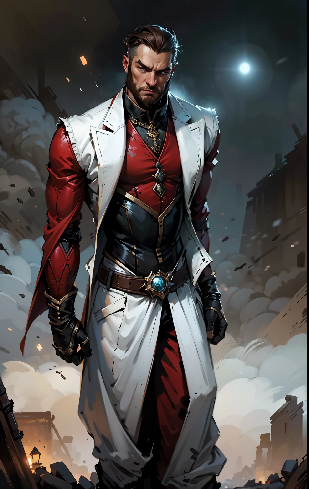 A 50-year-old man with slicked-back reddish-brown short hair, a large beard covering the lower half of his face, piercing eyes, handsome features, an open dark red fantasy martial arts-style robe coat, flowing short sleeves, a black and white undershirt, matching cloth trousers, a metal belt buckle, he exudes a dark red aura of death, strides down a desolate and silent moonlit street, this character embodies a finely crafted fantasy martial arts-style overlord in anime style, exquisite and mature manga art style, dramatic, high definition, best quality, highres, ultra-detailed, ultra-fine painting, extremely delicate, professional, perfect body proportions, golden ratio, anatomically correct, symmetrical face, extremely detailed eyes and face, high quality eyes, creativity, RAW photo, UHD, 32k, Natural light, cinematic lighting, masterpiece-anatomy-perfect, masterpiece:1.5