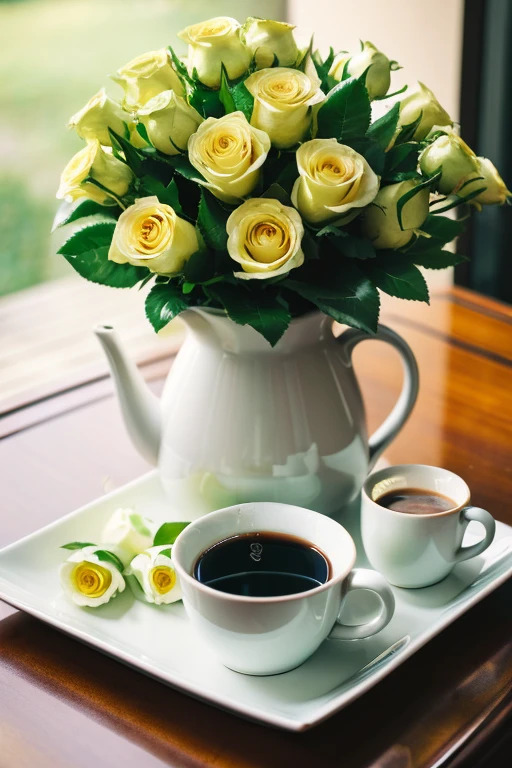 A large bouquet of green roses was placed on the table. There was a beautiful mug of hot black coffee next to it.,Nature PhotographyHD 8k. Shot with canon eos r6.