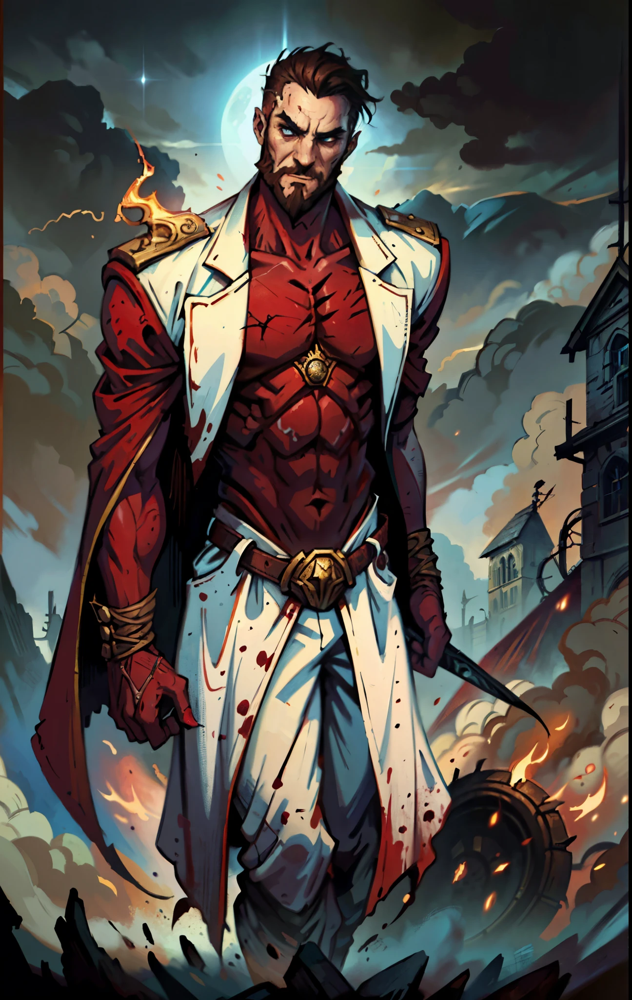 A 50-year-old man with slicked-back reddish-brown short hair, a large beard covering the lower half of his face, piercing eyes, handsome features, an open dark red fantasy martial arts-style robe coat, flowing short sleeves, a black and white undershirt, matching cloth trousers, a metal belt buckle, he exudes a dark red aura of death, strides down a desolate and silent moonlit street, this character embodies a finely crafted fantasy martial arts-style overlord in anime style, exquisite and mature manga art style, dramatic, high definition, best quality, highres, ultra-detailed, ultra-fine painting, extremely delicate, professional, perfect body proportions, golden ratio, anatomically correct, symmetrical face, extremely detailed eyes and face, high quality eyes, creativity, RAW photo, UHD, 32k, Natural light, cinematic lighting, masterpiece-anatomy-perfect, masterpiece:1.5