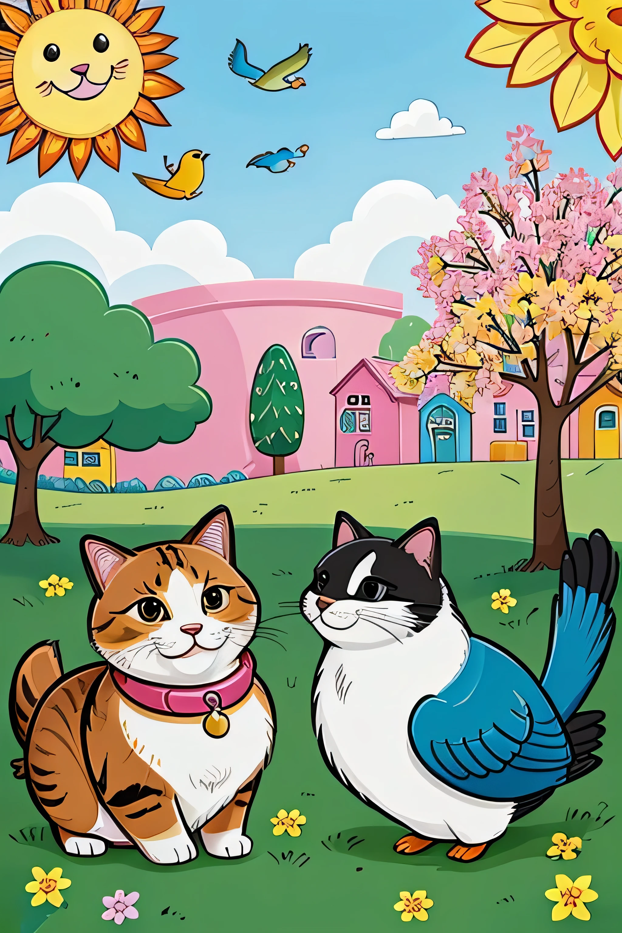 a playful dog, a curious cat, and a cheerful bird. The scene should be lively and fun, set in a whimsical, cartoon-style landscape with plenty of details to color in. Each animal should have a friendly expression, with clear outlines and dynamic poses that invite creativity. Include elements like a cozy house, trees, and a bright sky to add to the playful atmosphere. The title 'Dog, Cat, and Bird Coloring Book' should be prominently displayed in bold, fun lettering, using colors that stand out and match the cheerful theme. Ensure the overall design is appealing to children, with an inviting and adventurous feel