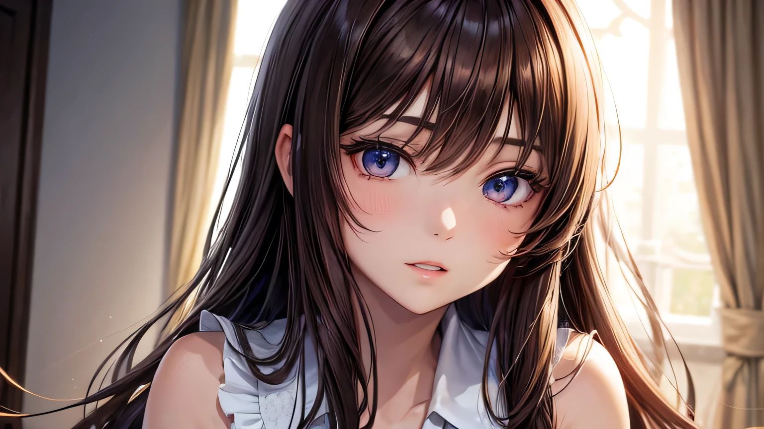 Beautiful woman 1.3, Beautiful brown hair、Straight Long Hair: 1.2, summer: 1.2,Sunset: 1.1, Ultra-high resolution, Accurate, Super detailed, Textured skin, High detail, highest quality, 8k,Thin bangs,Upper Body,Well-drawn eyes, Focus on the face,Sleeveless shirt,Detailed hair depiction,Detailed depiction of eyes、Detailed depiction of hair、Upper Body、Inside the room