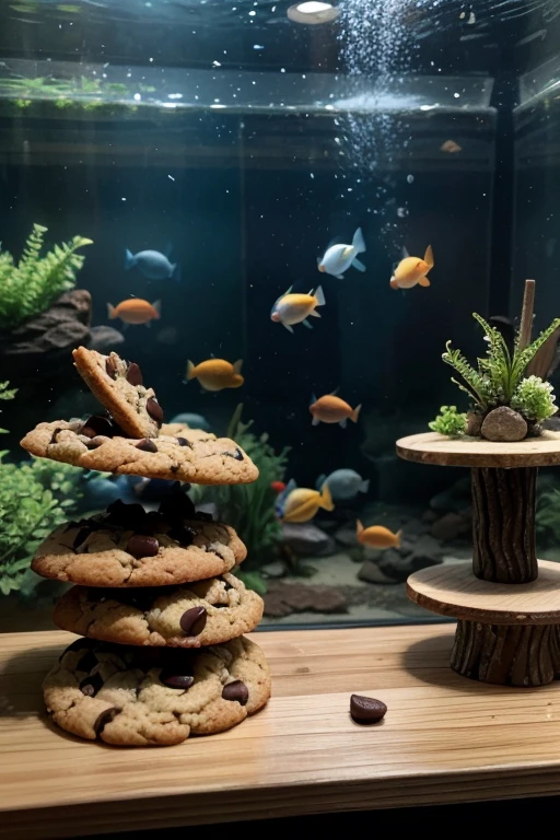 Cookie cookies falling from the sky on a rustic wooden board, in the background an aquarium with fish 