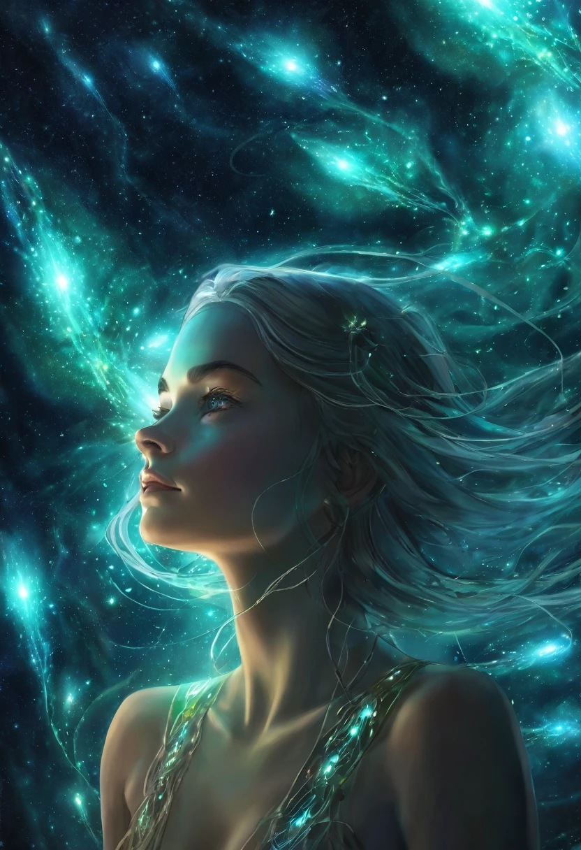 Uma mulher linda celestial com asas bioluminescentes