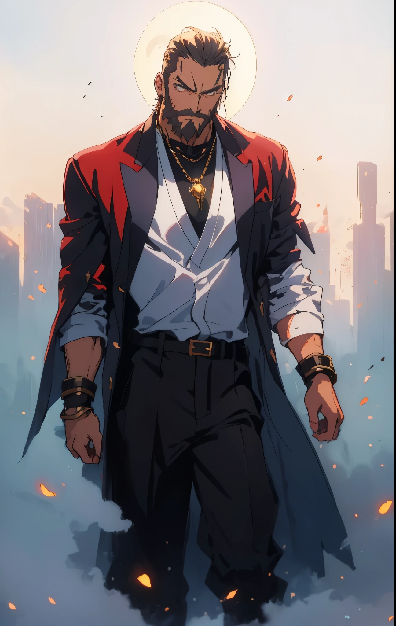 A 50-year-old man with slicked-back reddish-brown short hair, a large beard covering the lower half of his face, piercing eyes, handsome features, an open dark red fantasy martial arts-style robe coat, flowing short sleeves, a black and white undershirt, matching cloth trousers, a metal belt buckle, he exudes a dark red aura of death, strides down a desolate and silent moonlit street, this character embodies a finely crafted fantasy martial arts-style overlord in anime style, exquisite and mature manga art style, dramatic, high definition, best quality, highres, ultra-detailed, ultra-fine painting, extremely delicate, professional, perfect body proportions, golden ratio, anatomically correct, symmetrical face, extremely detailed eyes and face, high quality eyes, creativity, RAW photo, UHD, 32k, Natural light, cinematic lighting, masterpiece-anatomy-perfect, masterpiece:1.5