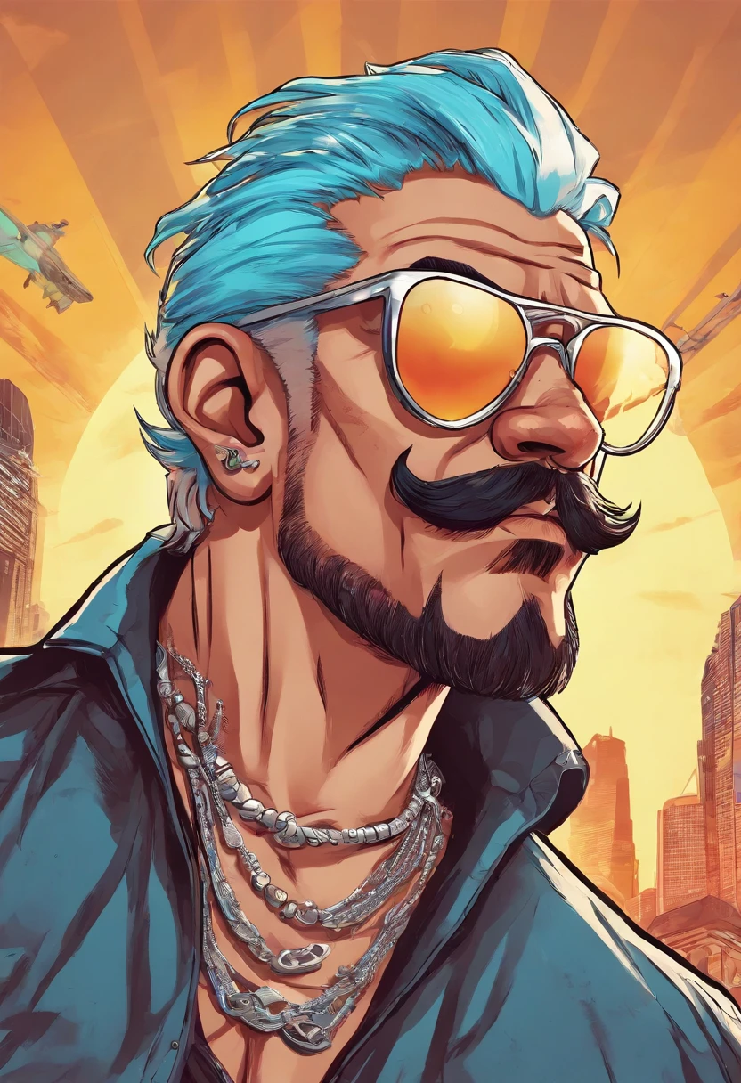 A high dynamic range portrait of a man with blue hair, silver hair, and a mustache, wearing a necklace, black sunglasses, and a black hat. He is also wearing a white t-shirt and a black suit, standing in a wind illustration with a cartoon art style and digital illustration style. The portrait has highly detailed character design, beautiful digital illustrations, and a high quality, cartoon art look.