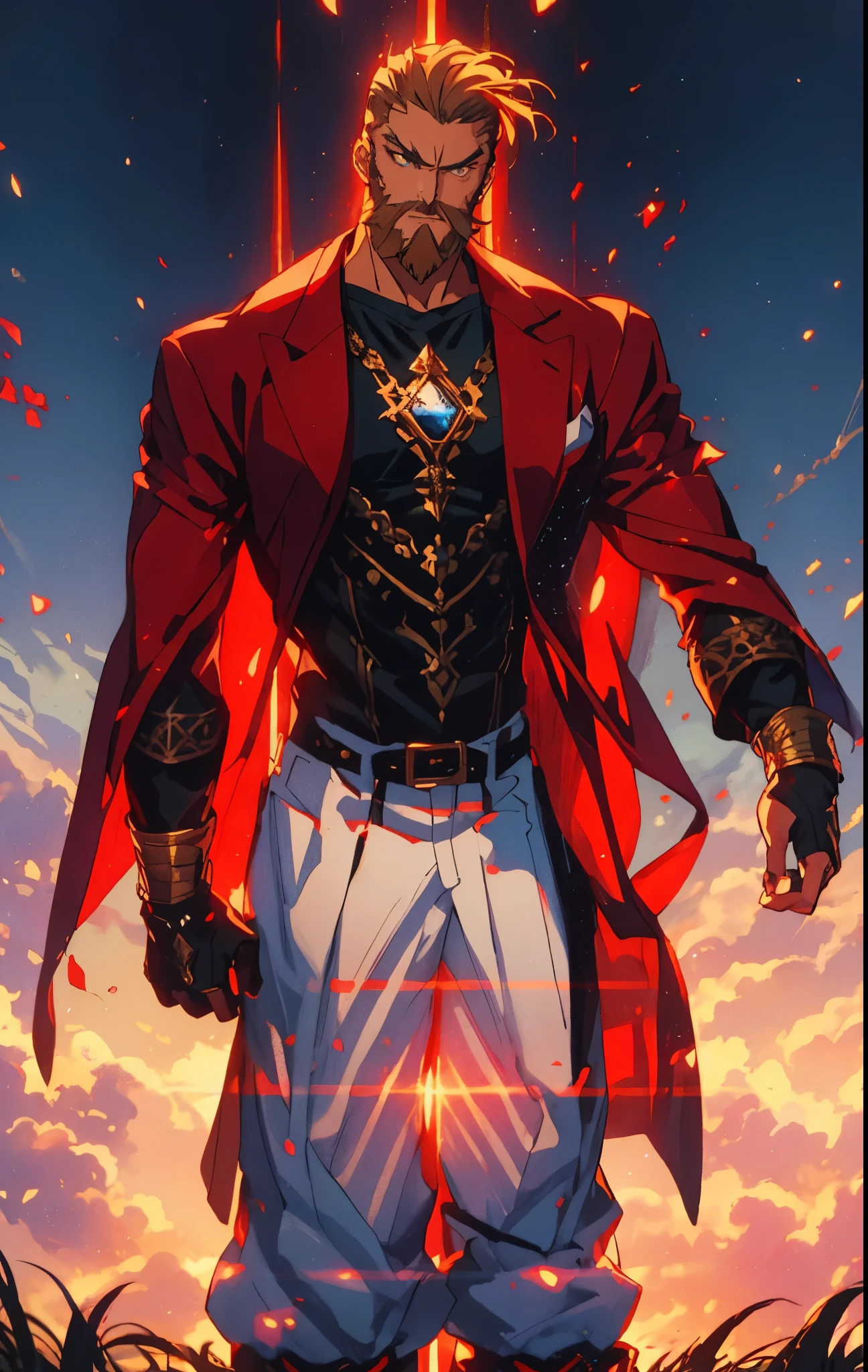 A 50-year-old man with slicked-back reddish-brown short hair, a large beard covering the lower half of his face, piercing eyes, handsome features, an open dark red fantasy martial arts-style robe coat, flowing short sleeves, a black and white undershirt, matching cloth trousers, a metal belt buckle, he exudes a dark red aura of death, strides down a desolate and silent moonlit street, this character embodies a finely crafted fantasy martial arts-style overlord in anime style, exquisite and mature manga art style, dramatic, high definition, best quality, highres, ultra-detailed, ultra-fine painting, extremely delicate, professional, perfect body proportions, golden ratio, anatomically correct, symmetrical face, extremely detailed eyes and face, high quality eyes, creativity, RAW photo, UHD, 32k, Natural light, cinematic lighting, masterpiece-anatomy-perfect, masterpiece:1.5