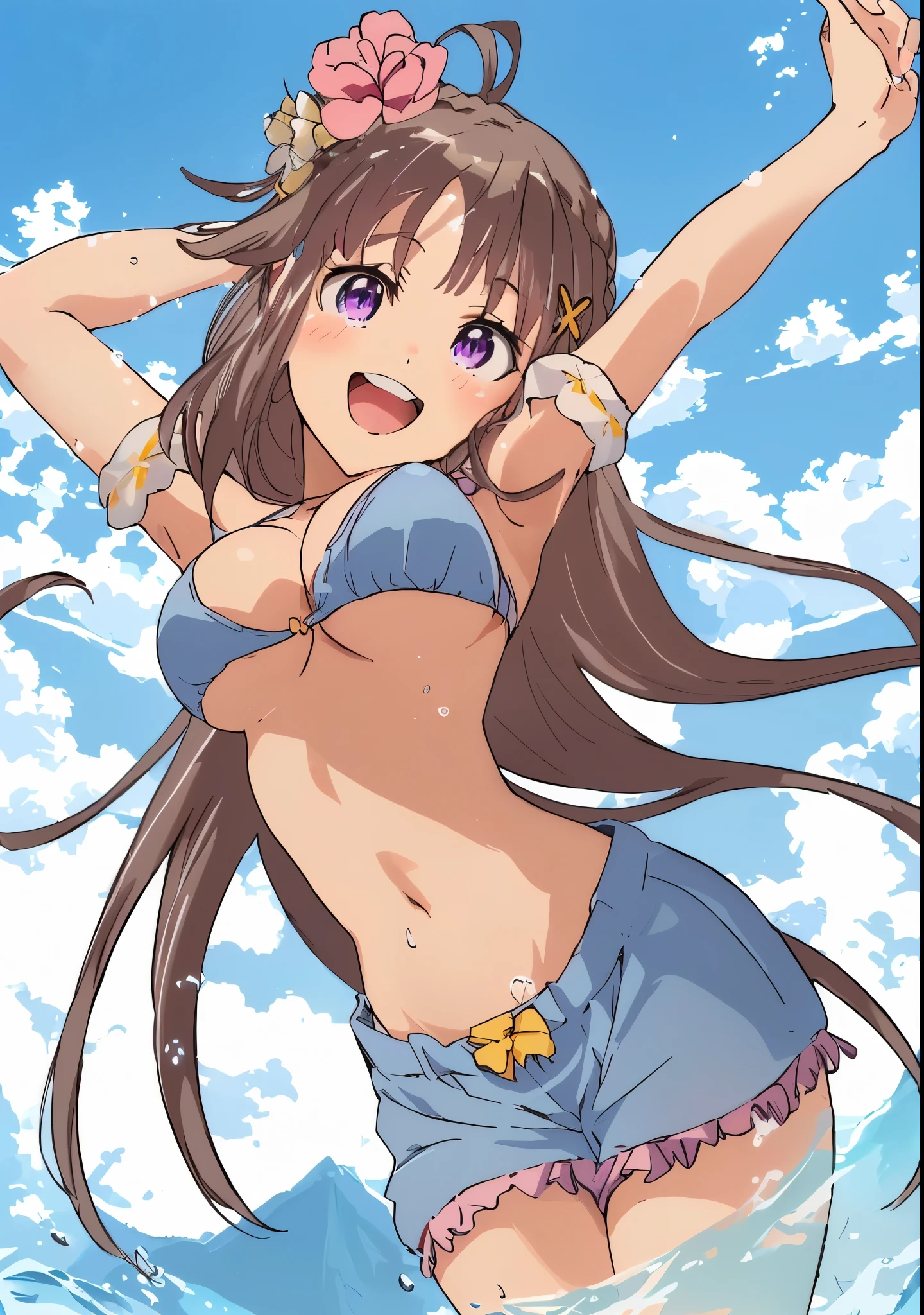 young girl, long hair, brown hair, grey eyes,hair over shoulders, small breasts, short stature, (happy smile),(clenched teeth), sweating body, (blush), nude, nipples,pussy,(hands on head),( thigh straddling from below),ocean,shining body,wet body