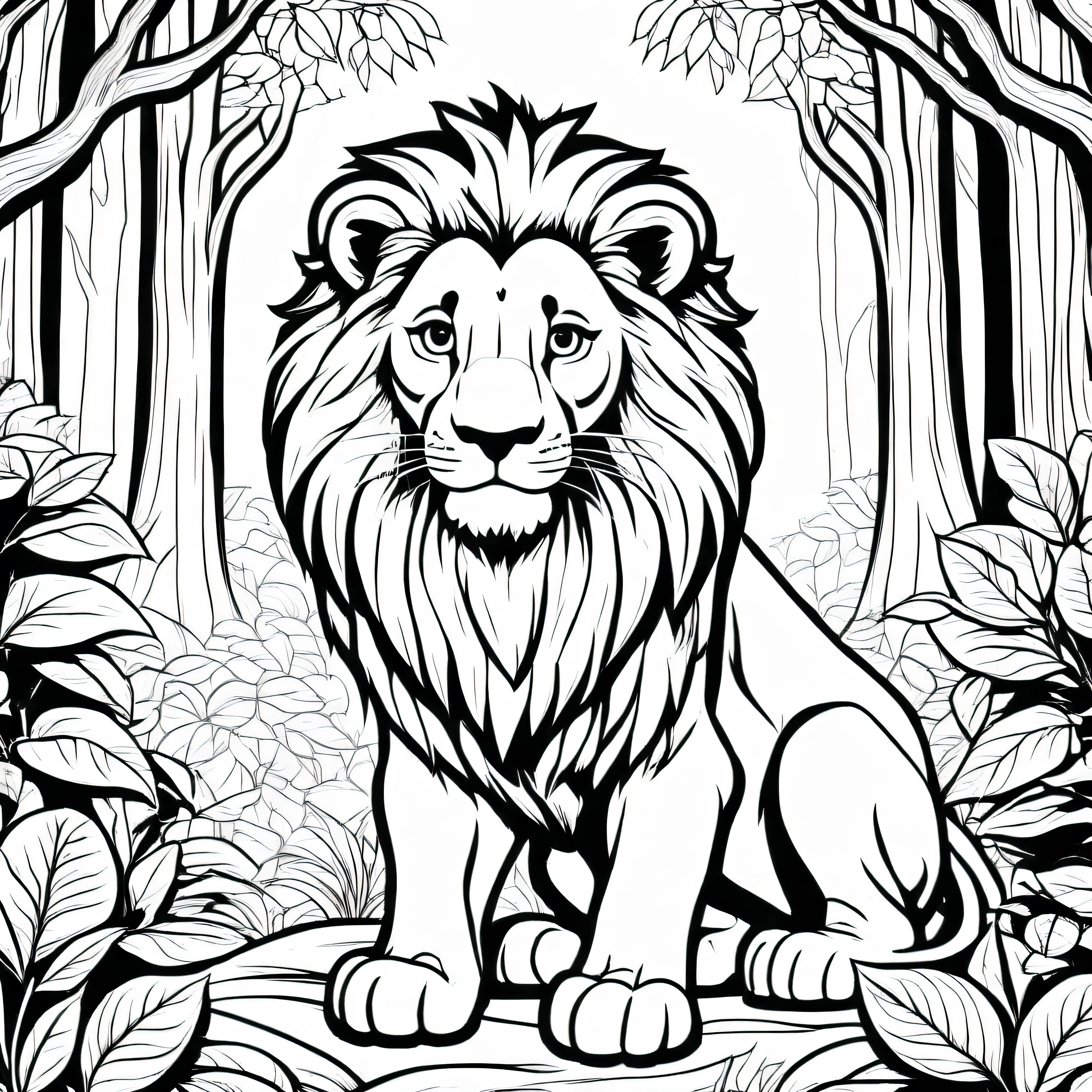 A cute lion in the forest, cartoon, ,Coloring Book, ColoringBookAF,
