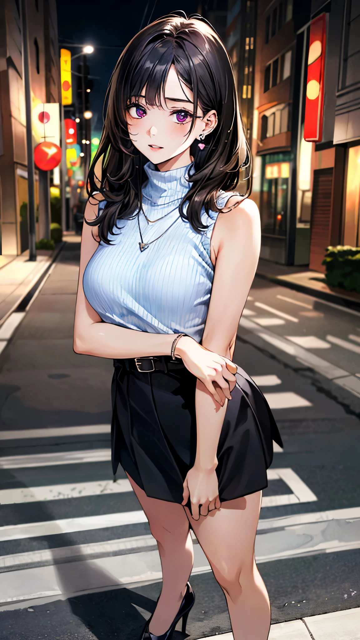 （masterpiece，best quality：1.4），（modern），（cowboy shooting），1girl，solo，First perspective，SFW，Stunning girlfriend，（stand：1.1），dynamic poses，（White oversized sweater，Expose cleavage，Knitted sweaters：1.4）， （Tight skirt，Short dark gray skirt：1.4），（Navy blue short coat，denim jacket：1.4），Long brown hair，Bangs，heart - shaped face，elegant face，beautiful face，High detail face，Highly detailed skin，skin pores，subsurface scattering，（Blue eye details），realistic pupil，crispy breasts，A loving smile，looking at the audience，Face full of blush，plump lips，Holding a flower，In the center，The background is a coffee shop，city street，Sunnyday，ventania，detailed background，depth of field，atmospheric perspective，Volumetric lighting，clear focus，Ridiculous resolution，Reality的比例，good anatomy，（Reality，超Reality：1.4），16k hdr，
information
