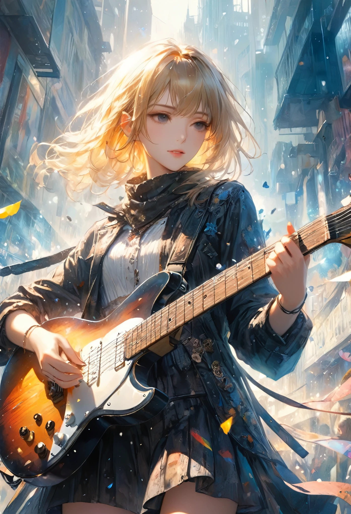 ((Masterpiece in maximum 16K resolution):1.6),((soft_color_photograpy:)1.5), ((Ultra-Detailed):1.4),((Movie-like still images and dynamic angles):1.3) | ((double contact):1.3), ((Beautiful Blonde Female Musician silhoutte effect):1.2), ((Superimposed on Pretty Female):1.1)《dark city sky》Agnes Cecile, Jeremy Mann, Oil and ink on canvas, fine dark art, super dramatic light, photoillustration, amazing depth, the ultra-detailed, iridescent black, superfluous dreams, intricately details, amazing depth, Amazing atmosphere, Mesmerizing whimsical vibrant landscapes, ((Female musician playing guitar):1.5), Maximalism ((beautiful outside, Ugly inside, pressure and pain, beauty and despair, hard and soft, positive and negative, hot and cold, Sweet and sour, Vibrant but boring, Perfect harmony, light and shadows, old and young, Black and white, Corresponding color, loud and quiet, Chaos and peace, life and death):1.2) The complex masterpiece of a real-time engineering leader. | Rendered in ultra-high definition with UHD and retina quality, this masterpiece ensures anatomical correctness and textured skin with super detail. With a focus on high quality and accuracy, this award-winning portrayal captures every nuance in stunning 16k resolution, immersing viewers in its lifelike depiction. | ((perfect_composition, perfect_design, perfect_layout, perfect_detail, ultra_detailed)), ((enhance_all, fix_everything)), More Detail, Enhance. | (((perfect_fingers))), (((perfect_legs))), (((perfect_hands))),