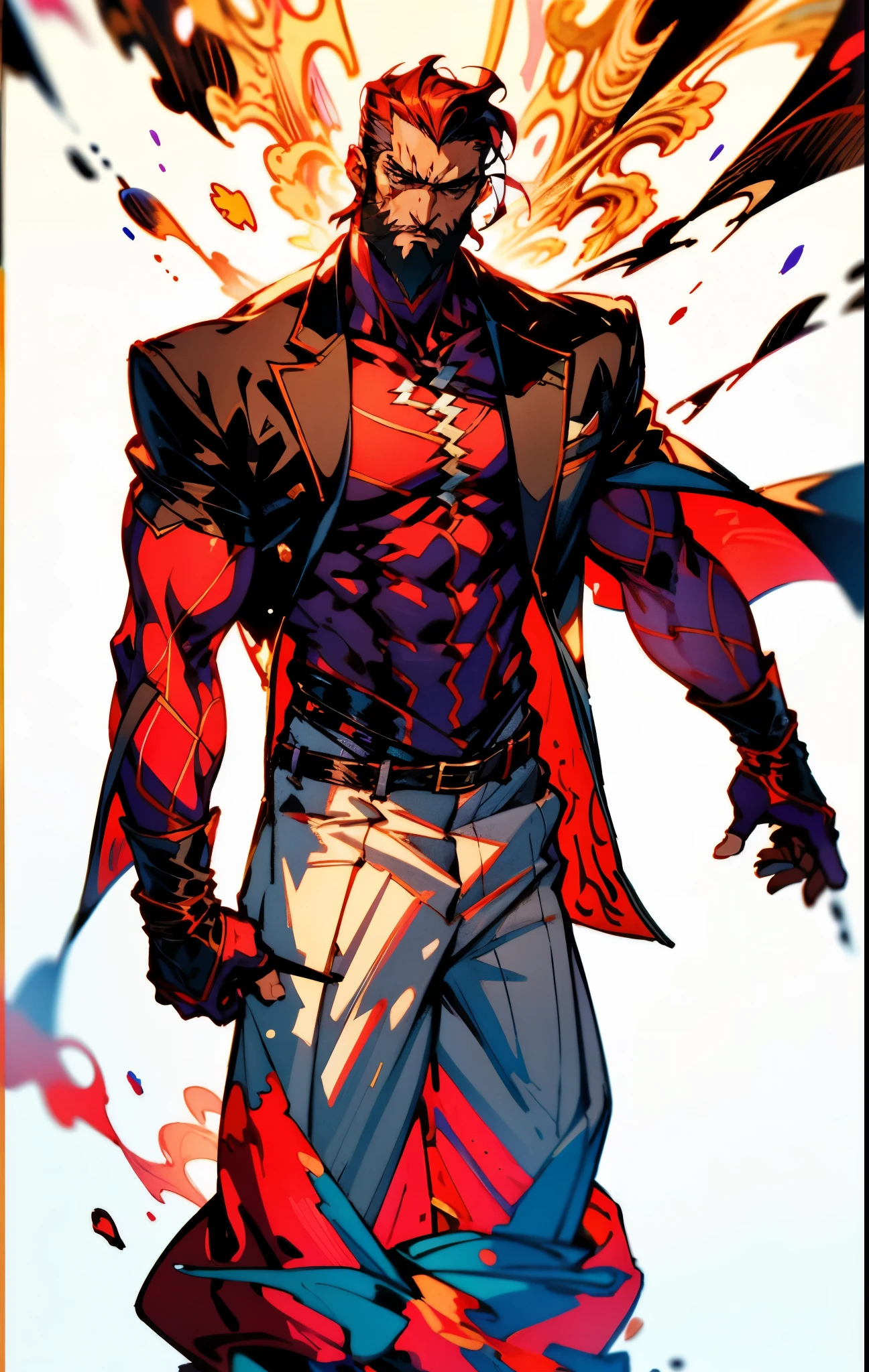 A 50-year-old man with slicked-back reddish-brown short hair, a large beard covering the lower half of his face, piercing eyes, handsome features, an open dark red fantasy martial arts-style robe coat, flowing short sleeves, a black and white undershirt, matching cloth trousers, a metal belt buckle, he exudes a dark red aura of death, strides down a desolate and silent moonlit street, this character embodies a finely crafted fantasy martial arts-style overlord in anime style, exquisite and mature manga art style, dramatic, high definition, best quality, highres, ultra-detailed, ultra-fine painting, extremely delicate, professional, perfect body proportions, golden ratio, anatomically correct, symmetrical face, extremely detailed eyes and face, high quality eyes, creativity, RAW photo, UHD, 32k, Natural light, cinematic lighting, masterpiece-anatomy-perfect, masterpiece:1.5