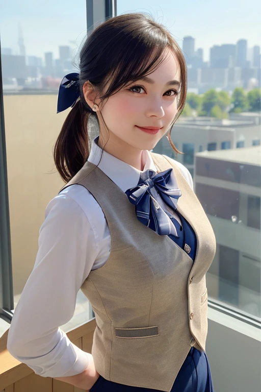 1girl, matured female, vest, bow, photo, realistic, best quality, hires, detailed face, office, buildings from window, detailed background, diffused sunlight, depth of field, bokeh