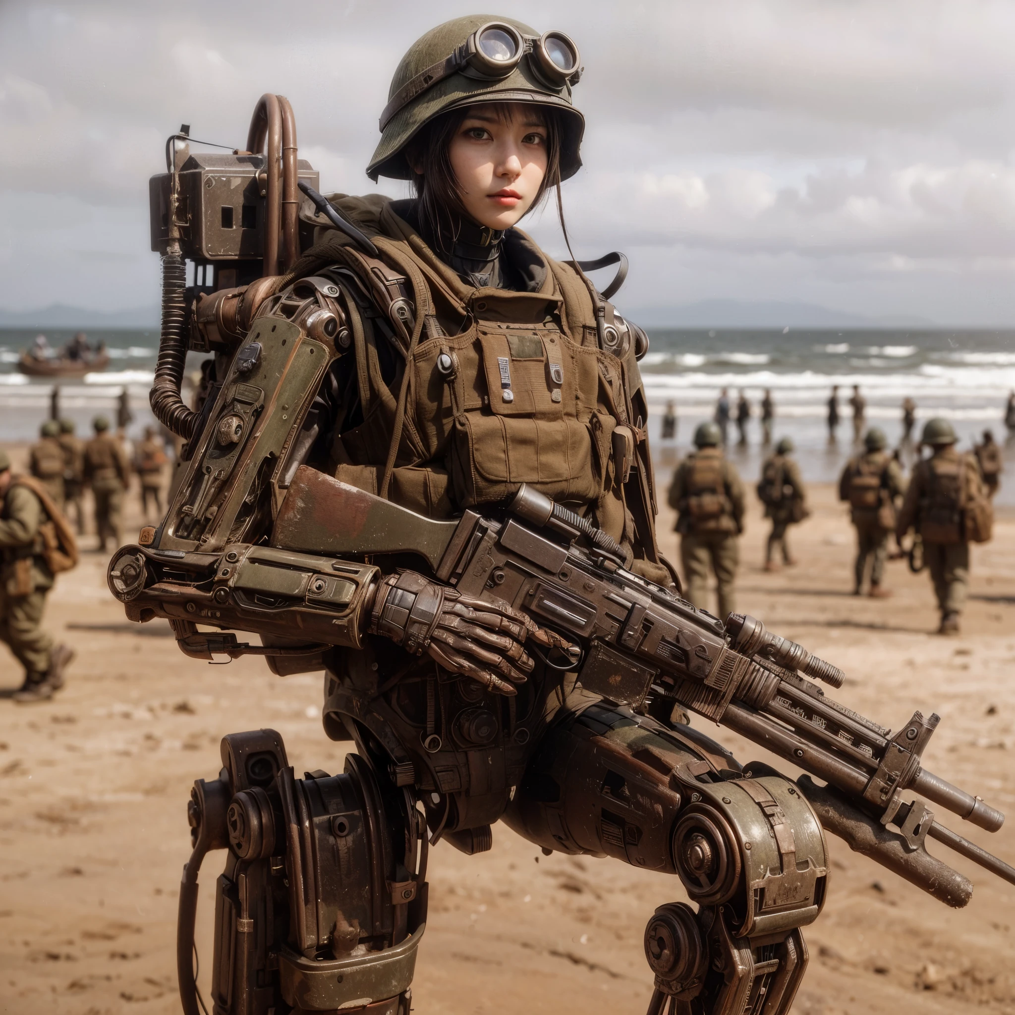 8k,Realistic Photo, Realistic Skin Texture, Superrealism, (WWⅡ-like mechanical suit:1.2), Beach of the Normandy Landing Operation、heavy weapons,vivid textures,animal legs,  japanese female soldier,(ultra beautiful face),((super realistic all textures)), ((super intricate all details)), full body shot, ultra sharp photo result, Olive Drab color, scratch, Rust, weathering, steampunk, taken with Fuji film X-T30+Nokton. HDR10,Minimum of 4 pieces created