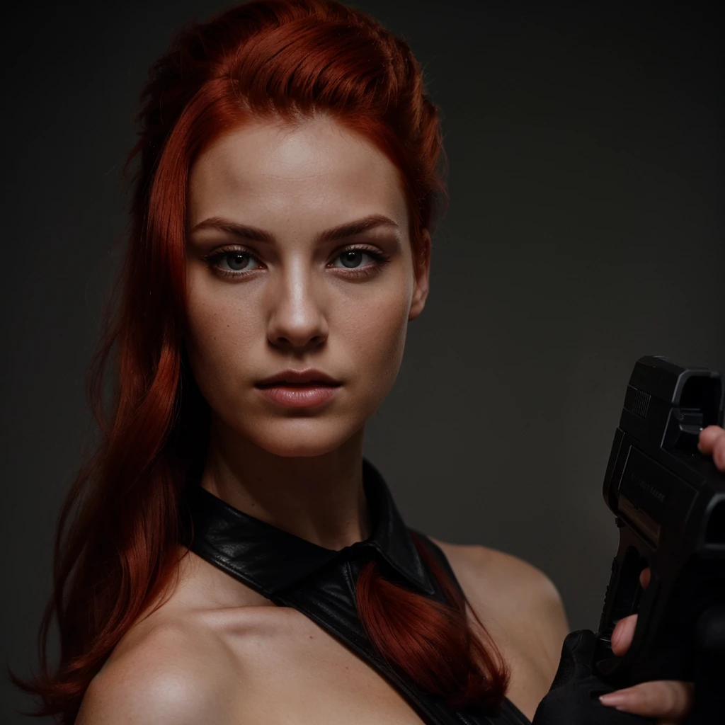 an eye contact of a red hair female with pompadour hair and dark theme, large jawline, holding a gun
