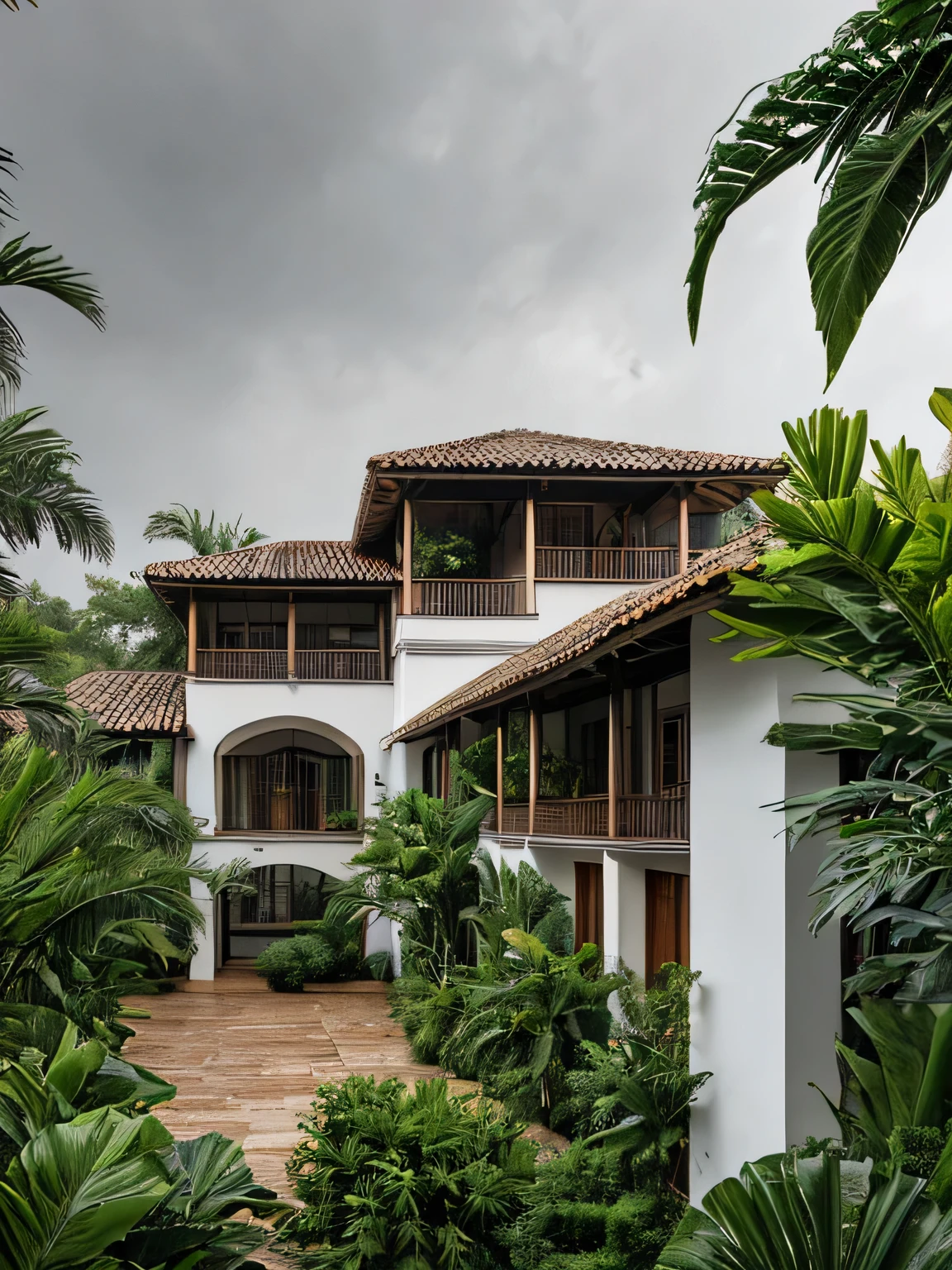 photography, tropical villa, white stucco walls, gable tiled roof, wood column supports, upper level balcony, lush greenery, potted plants, open veranda, overcast sky, wide shot, natural daylight   