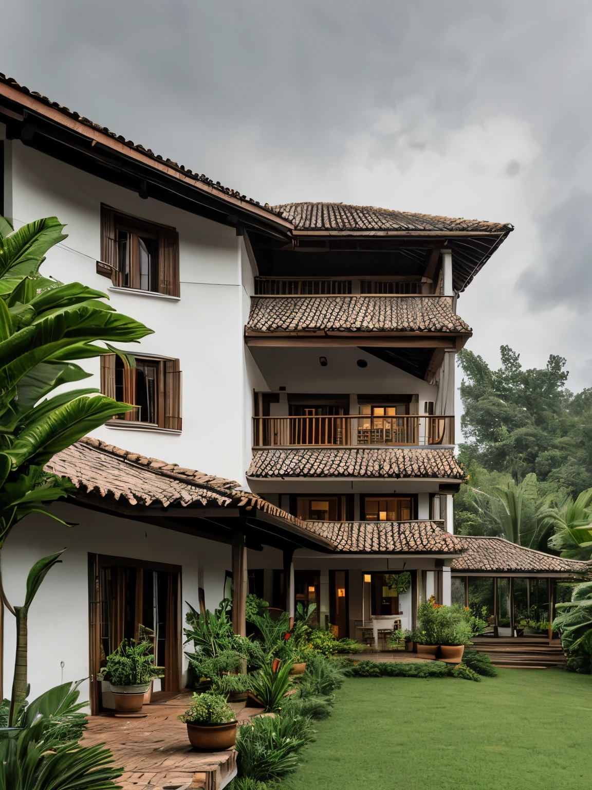 photography, tropical villa, white stucco walls, gable tiled roof, wood column supports, upper level balcony, lush greenery, potted plants, open veranda, overcast sky, wide shot, natural daylight   