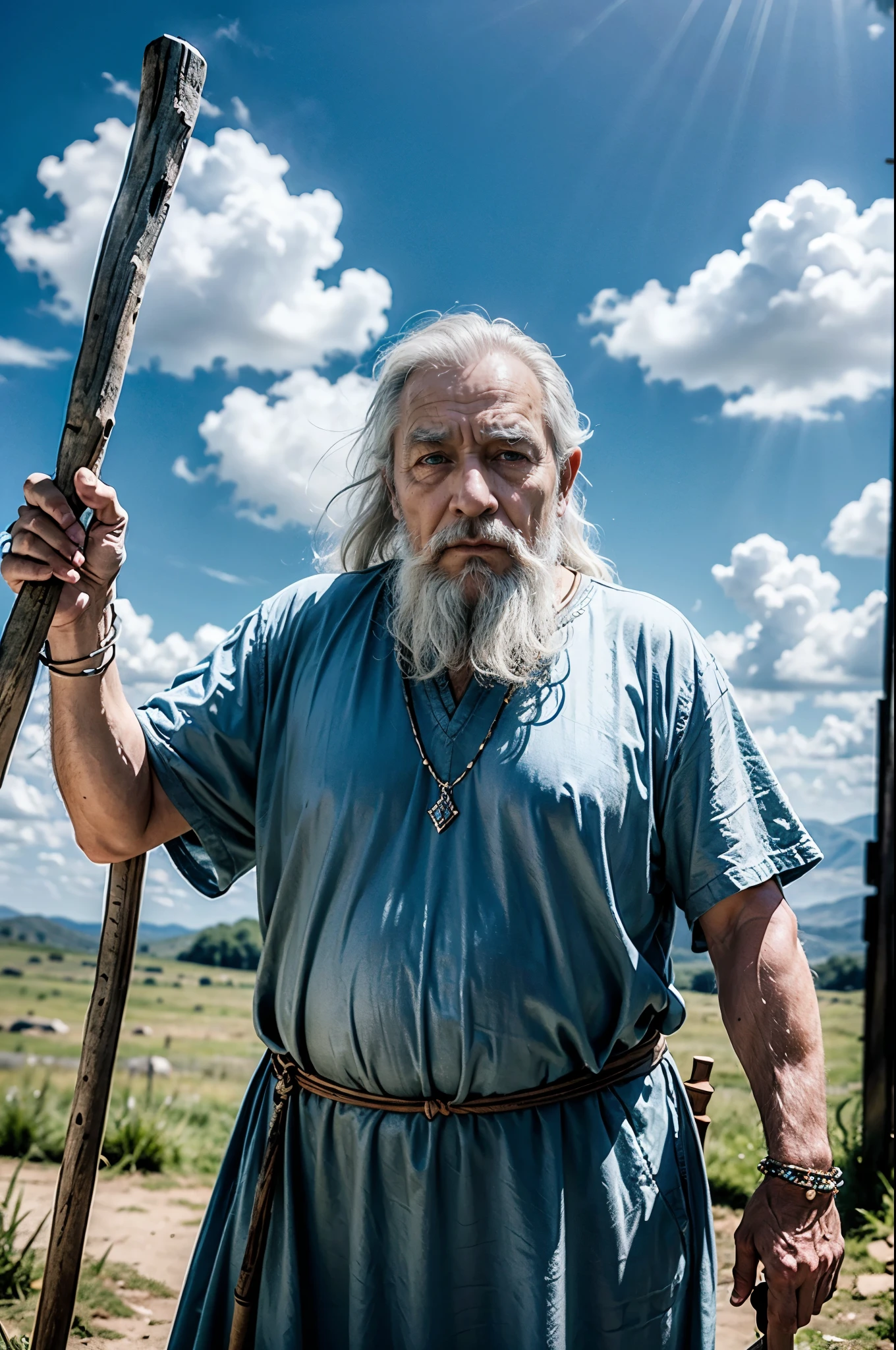 ultra realistic image in high definition. lighting that recalls images from the Lord of the Rings. Amidst the clouds of a blue sky, a thin, very weak old man with black skin wears a white tunic and dances leaning on his wooden staff. We don't see his face. His face is completely covered in beads. On his arms we see thin silver bracelets. The man is enveloped in air. The old man is stooped and hunchbacked.