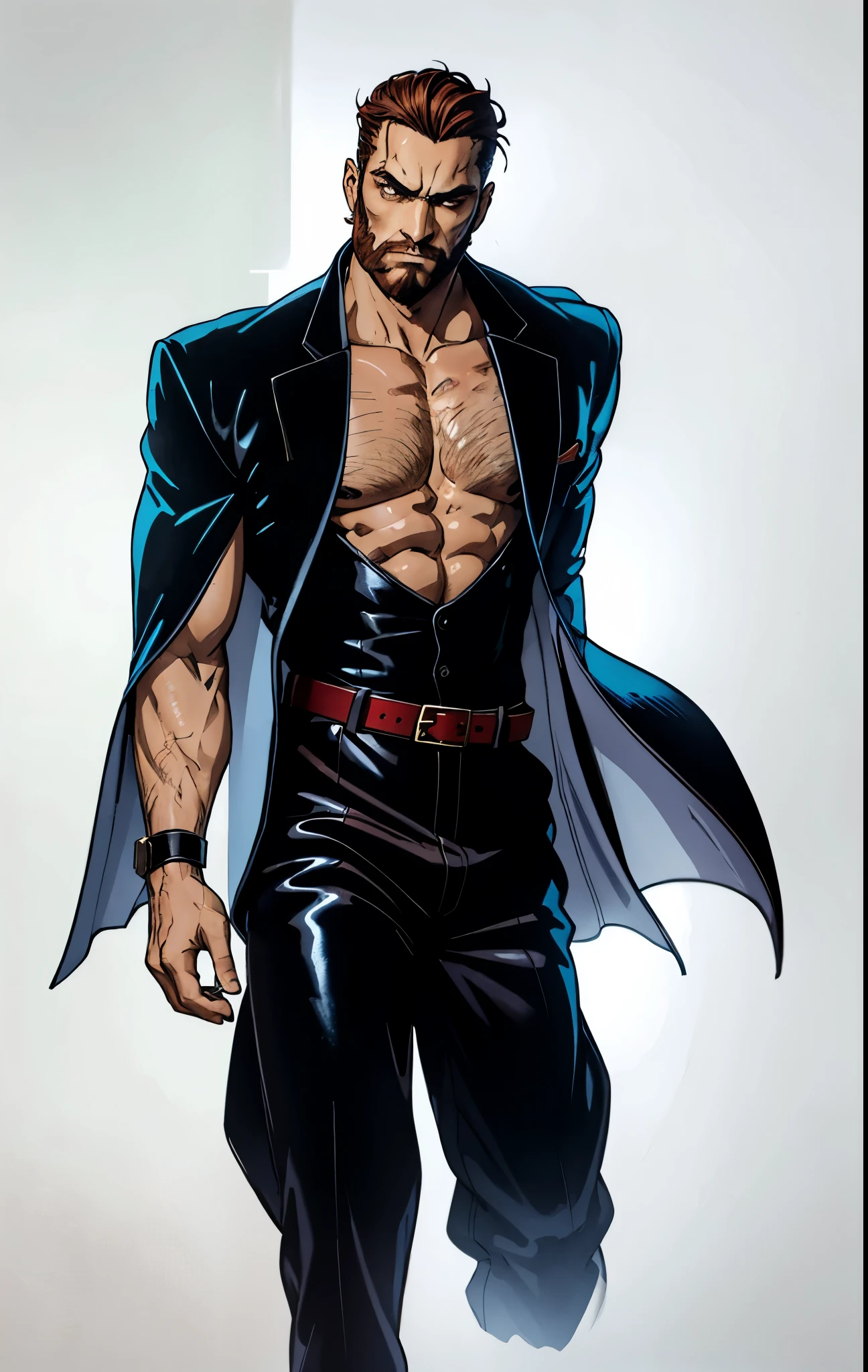 A 50-year-old man with slicked-back reddish-brown short hair, a large beard covering the lower half of his face, piercing eyes, handsome features, an open dark red fantasy martial arts-style robe coat, flowing short sleeves, a black and white undershirt, matching cloth trousers, a metal belt buckle, he exudes a dark red aura of death, strides down a desolate and silent moonlit street, this character embodies a finely crafted fantasy martial arts-style overlord in anime style, exquisite and mature manga art style, dramatic, high definition, best quality, highres, ultra-detailed, ultra-fine painting, extremely delicate, professional, perfect body proportions, golden ratio, anatomically correct, symmetrical face, extremely detailed eyes and face, high quality eyes, creativity, RAW photo, UHD, 32k, Natural light, cinematic lighting, masterpiece-anatomy-perfect, masterpiece:1.5
