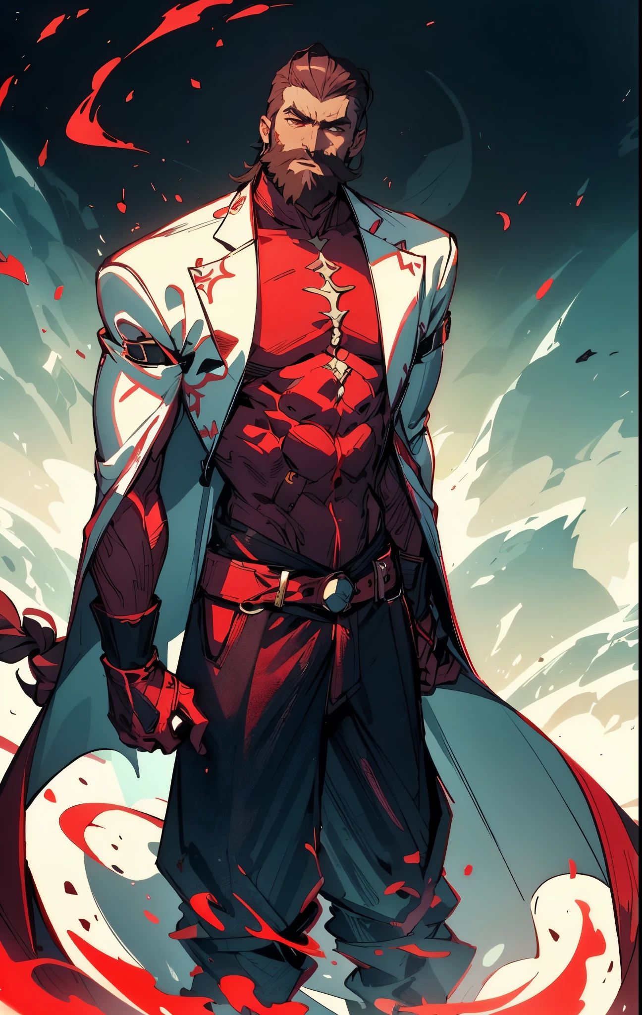 A 50-year-old man with slicked-back reddish-brown short hair, a large beard covering the lower half of his face, piercing eyes, handsome features, an open dark red fantasy martial arts-style robe coat, flowing short sleeves, a black and white undershirt, matching cloth trousers, a metal belt buckle, he exudes a dark red aura of death, strides down a desolate and silent moonlit street, this character embodies a finely crafted fantasy martial arts-style overlord in anime style, exquisite and mature manga art style, dramatic, high definition, best quality, highres, ultra-detailed, ultra-fine painting, extremely delicate, professional, perfect body proportions, golden ratio, anatomically correct, symmetrical face, extremely detailed eyes and face, high quality eyes, creativity, RAW photo, UHD, 32k, Natural light, cinematic lighting, masterpiece-anatomy-perfect, masterpiece:1.5