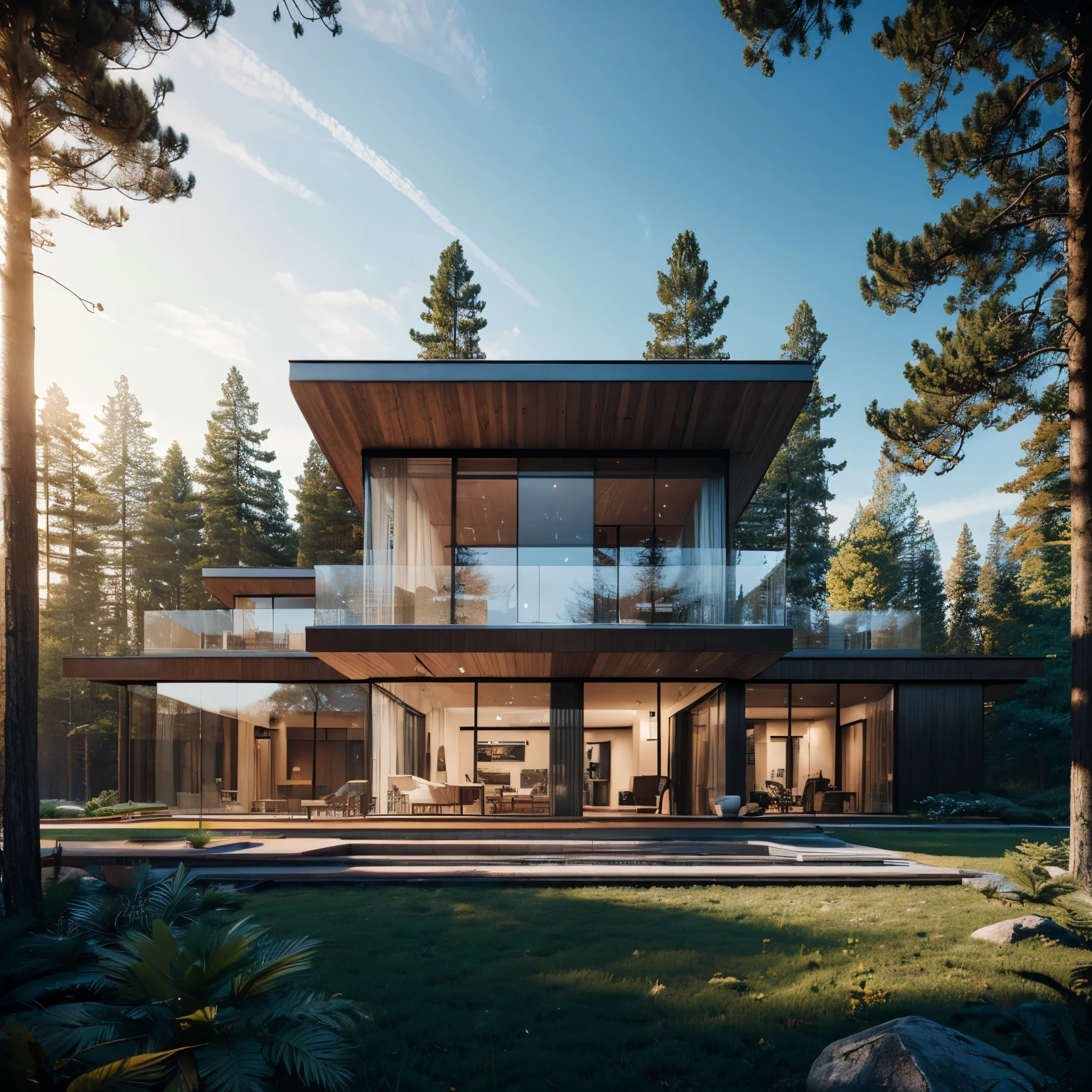 modern villa exterior, glass facade, iron frames, beautiful wooden frame, forest, high trees, (best quality,4k,8k,highres,masterpiece:1.2),ultra-detailed,(realistic,photorealistic,photo-realistic:1.37),professional photograph,landscape,vibrant colors,dramatic lighting,cinematic composition,architectural masterpiece,intricate details,symmetry,natural environment