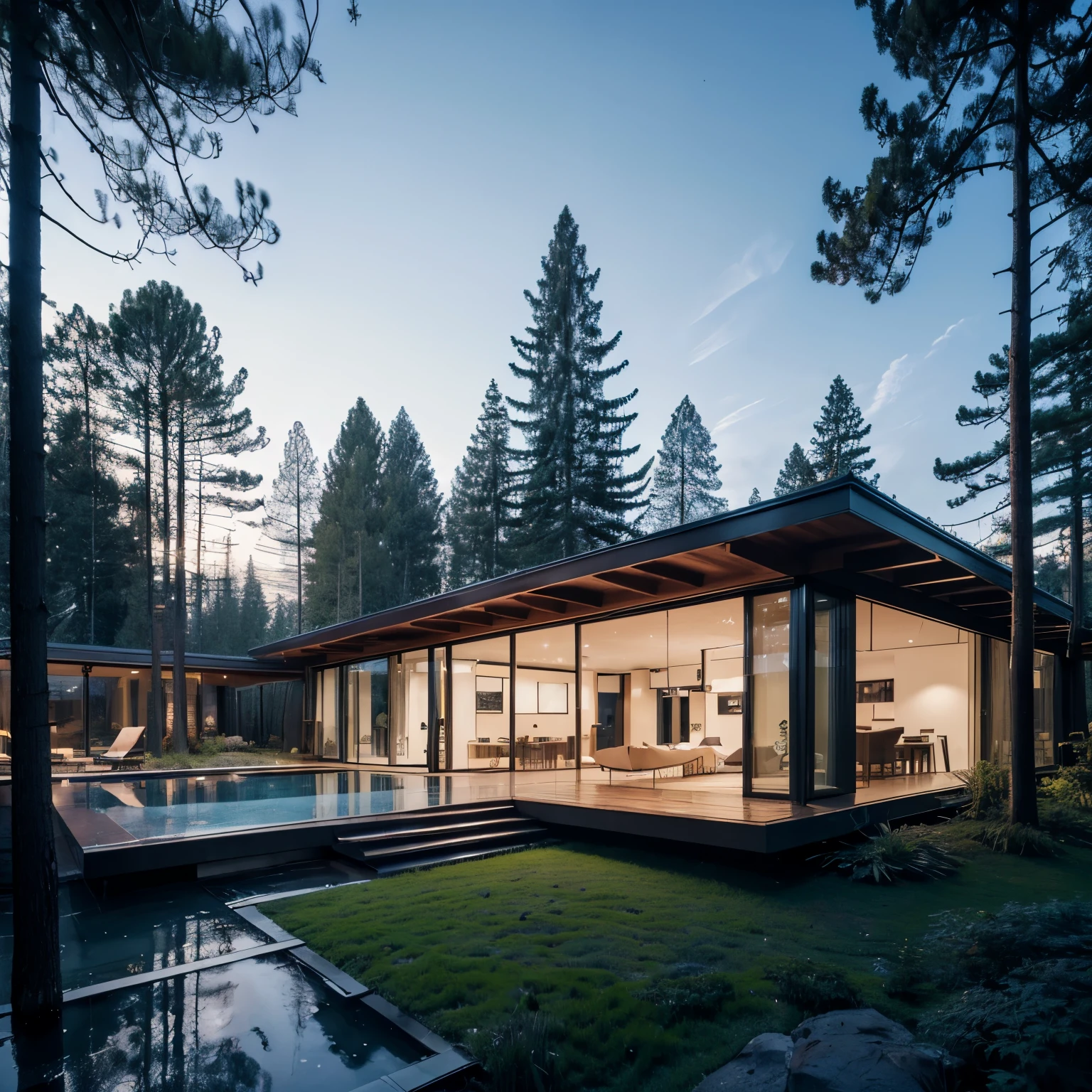 modern villa exterior, glass facade, iron frames, beautiful wooden frame, forest, high trees, (best quality,4k,8k,highres,masterpiece:1.2),ultra-detailed,(realistic,photorealistic,photo-realistic:1.37),professional photograph,landscape,vibrant colors,dramatic lighting,cinematic composition,architectural masterpiece,intricate details,symmetry,natural environment