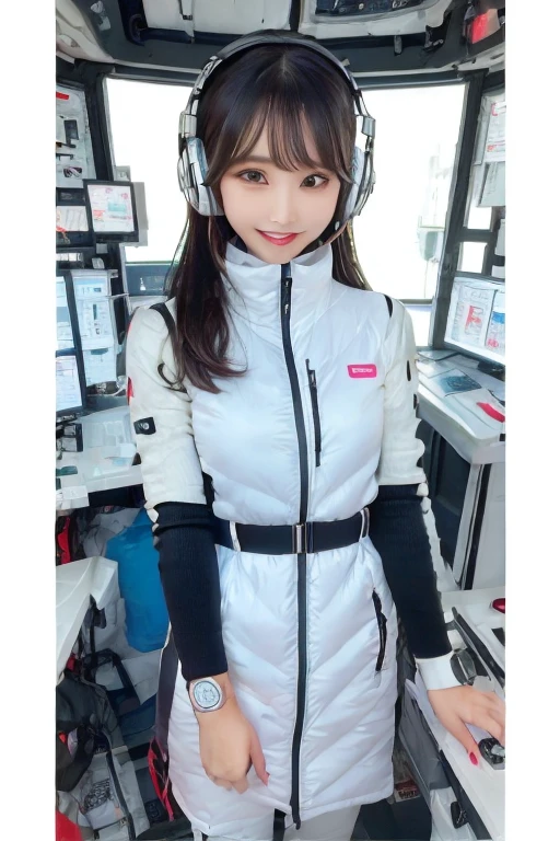 masterpiece, highest quality, Very detailed, 8K Portrait,Japanese Android Girl,plump , Control panel,Robotic arms and legs, Blunt bangs,,break (Metallic Gray, Metallic luster, Mirror finish, Astro Best):5,headphone:5,break (Black sleeves):100,Smart Watches,Futuristic space station,Control Room,break headphone,blue eyes,(Black Hair):2,(Long Hair):1.3,Displaying the viewer,(respirator),break blush:3,Hidden Hand,smile