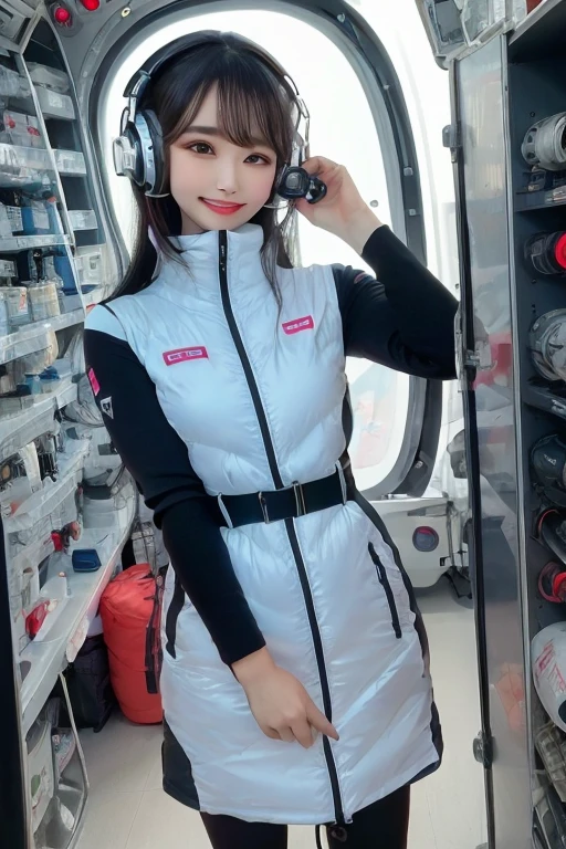masterpiece, highest quality, Very detailed, 8K Portrait,Japanese Android Girl,plump , Control panel,Robotic arms and legs, Blunt bangs,,break (Metallic Gray, Metallic luster, Mirror finish, Astro Best):5,headphone:5,break (Black sleeves):100,Smart Watches,Futuristic space station,Control Room,break headphone,blue eyes,(Black Hair):2,(Long Hair):1.3,Displaying the viewer,(respirator),break blush:3,Hidden Hand,smile