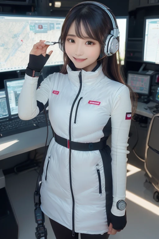 masterpiece, highest quality, Very detailed, 8K Portrait,Japanese Android Girl,plump , Control panel,Robotic arms and legs, Blunt bangs,,break (Metallic Gray, Metallic luster, Mirror finish, Astro Best):5,headphone:5,break (Black sleeves):100,Smart Watches,Futuristic space station,Control Room,break headphone,blue eyes,(Black Hair):2,(Long Hair):1.3,Displaying the viewer,(respirator),break blush:3,Hidden Hand,smile