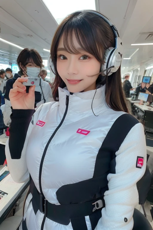 masterpiece, highest quality, Very detailed, 8K Portrait,Japanese Android Girl,plump , Control panel,Robotic arms and legs, Blunt bangs,,break (Metallic Gray, Metallic luster, Mirror finish, Astro Best):5,headphone:5,break (Black sleeves):100,Smart Watches,Futuristic space station,Control Room,break headphone,blue eyes,(Black Hair):2,(Long Hair):1.3,Displaying the viewer,(respirator),break blush:3,Hidden Hand,smile