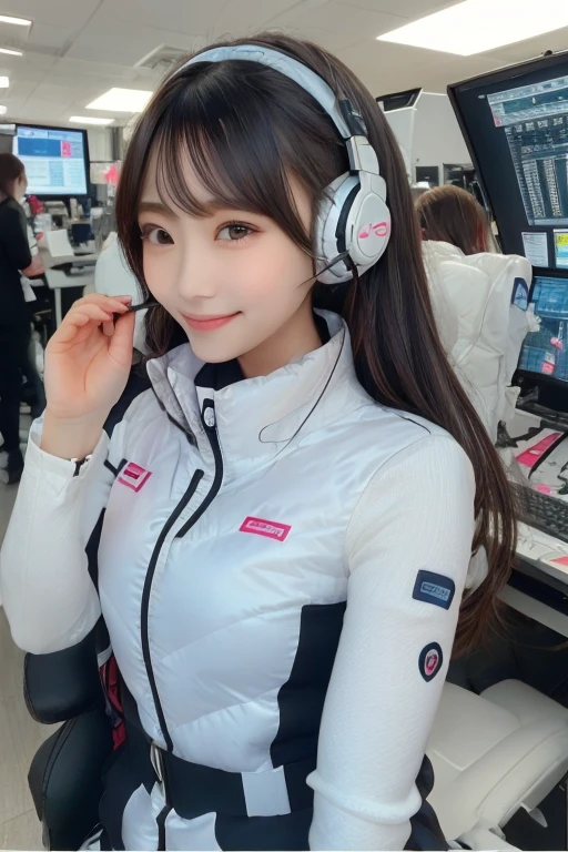 masterpiece, highest quality, Very detailed, 8K Portrait,Japanese Android Girl,plump , Control panel,Robotic arms and legs, Blunt bangs,,break (Metallic Gray, Metallic luster, Mirror finish, Astro Best):5,headphone:5,break (Black sleeves):100,Smart Watches,Futuristic space station,Control Room,break headphone,blue eyes,(Black Hair):2,(Long Hair):1.3,Displaying the viewer,(respirator),break blush:3,Hidden Hand,smile