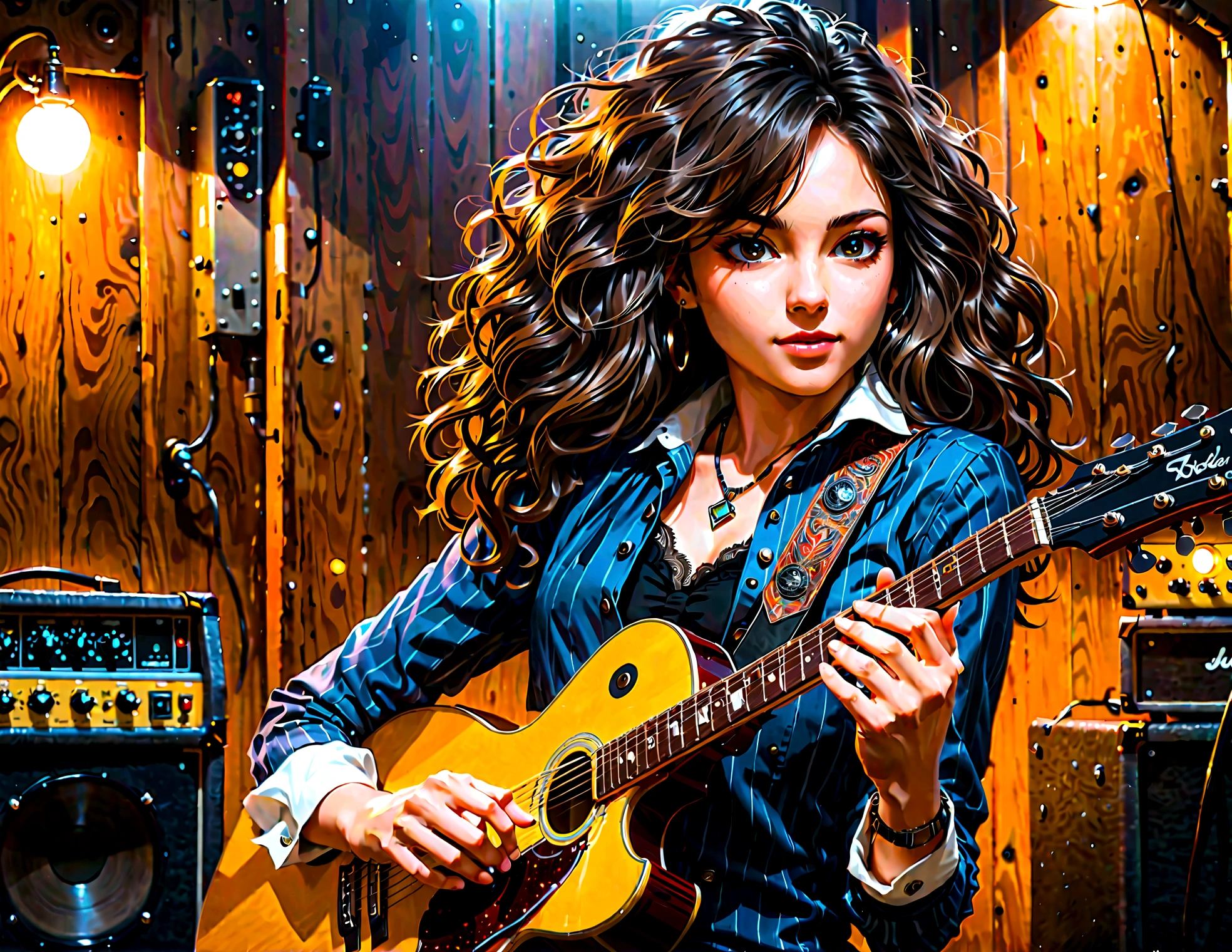 Beautiful woman、(Left-handed guitarist:1.9)、Playing a right-handed guitar upside down、Afro Hair、Realistic、Cinematic lighting、Very detailed、masterpiece、(highest quality、4k、8k、High resolution、masterpiece:1.2)、Super detailed、(Real、Realistic、Realistic:1.37)、amazing、grace、beautiful、Captivating look、Long flowing hair、Exquisite details、Beautiful Eyes、Perfect Skin、Delicate facial features、Natural lighting、Dramatic Shadows、Warm tones、Bright colors、Dynamic pose、Skilled musicians、Concentration、Guitar strings、grain、Metal Hardware、Exquisite details