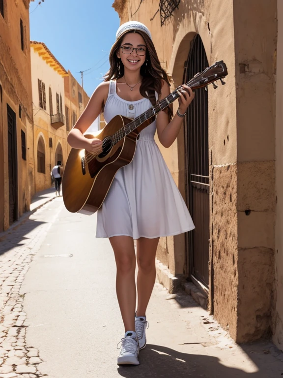 19 years old girl, Long Brown hair, glasses, big breast, smiling, white short dress, trainers, in a Morocco street, 8k, high quality, hdr, full body, (playing guitar:1