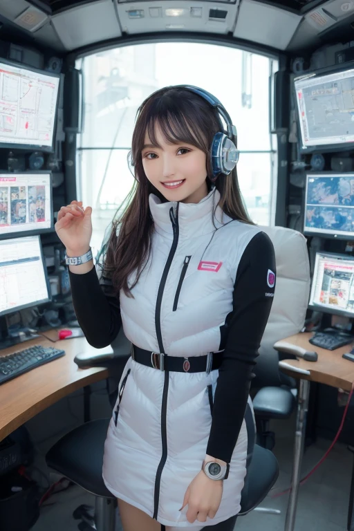 masterpiece, highest quality, Very detailed, 8K Portrait,Japanese Android Girl,plump , Control panel,Robotic arms and legs, Blunt bangs,,break (Metallic Gray, Metallic luster, Mirror finish, Astro Best):5,headphone:5,break (Black sleeves):100,Smart Watches,Futuristic space station,Control Room,break headphone,blue eyes,(Black Hair):2,(Long Hair):1.3,Displaying the viewer,(respirator),break blush:3,Hidden Hand,smile