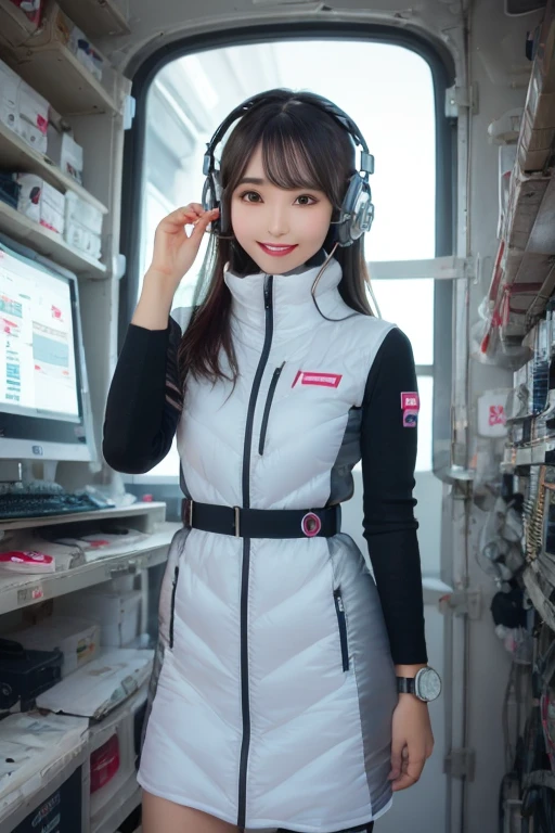 masterpiece, highest quality, Very detailed, 8K Portrait,Japanese Android Girl,plump , Control panel,Robotic arms and legs, Blunt bangs,,break (Metallic Gray, Metallic luster, Mirror finish, Astro Best):5,headphone:5,break (Black sleeves):100,Smart Watches,Futuristic space station,Control Room,break headphone,blue eyes,(Black Hair):2,(Long Hair):1.3,Displaying the viewer,(respirator),break blush:3,Hidden Hand,smile
