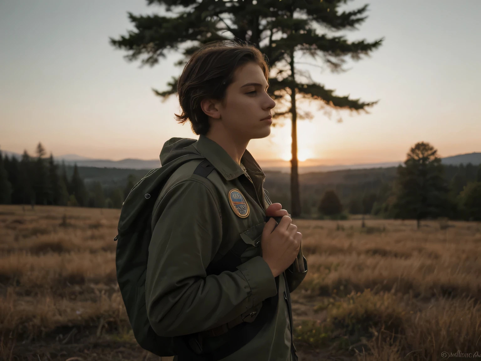 a young caucasian female, dressed as a boy scout, saluting the american flag during the pledge of allegiance, a blurred male figure playing a bugle in the background, a field, treeline of pacific northwestern forest in background (best quality,4k,8k,highres,masterpiece:1.2),ultra-detailed,(realistic,photorealistic,photo-realistic:1.37),cinematic lighting,dramatic colors,cinematic composition,intricate details,expressive pose,emotional expression,dramatic atmosphere,cinematic perspective, hyperrealistic