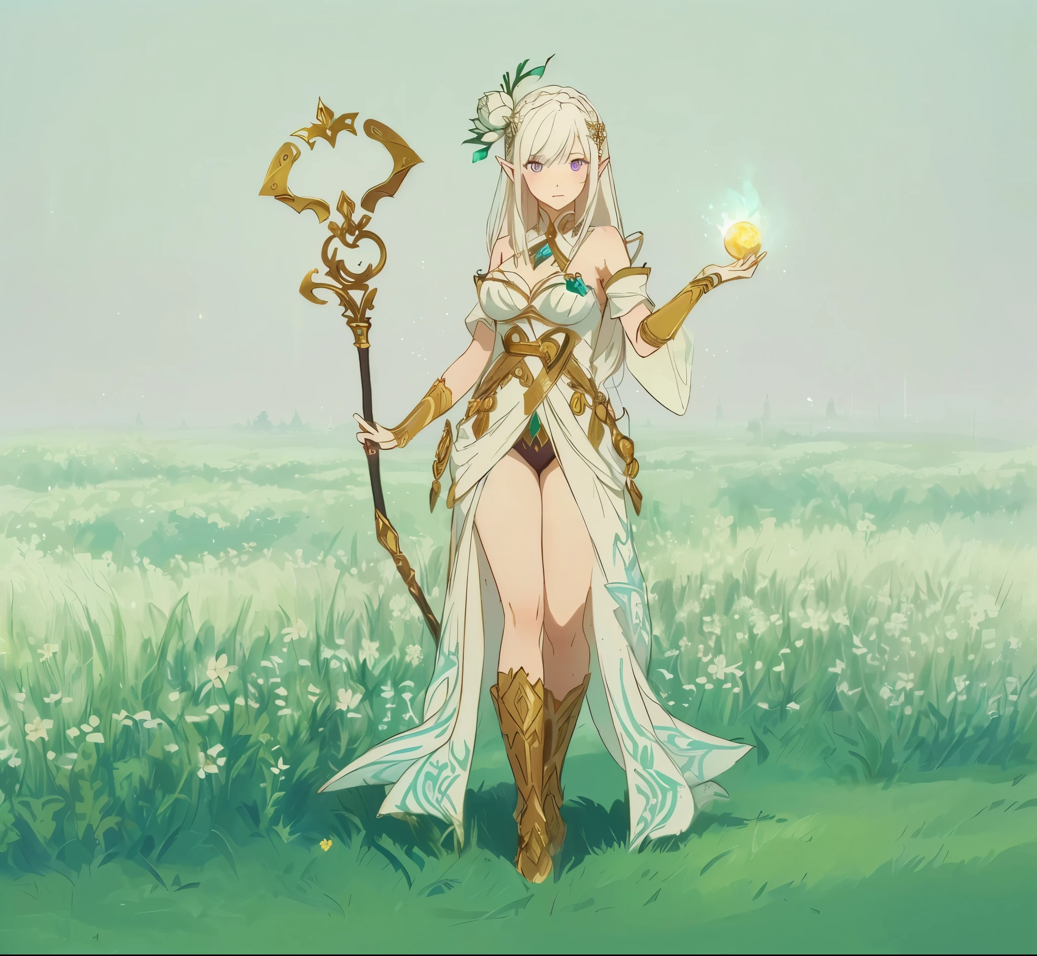 Emilia re:zero, purple eyes, Emilia, crown braid, x hair ornament, flower hair ornament, white hair, long hair, medium breasts, there is a woman with a staff and a flower in her hand, female earth mage, beautiful full body concept art, magical fantasy 2 d concept art, fey queen of the summer forest, character design contest winner, spirit fantasy concept art, fantasy game art style, elf queen nissa genesis mage, fantasy art style, detailed full body concept, elf queen, elf girl