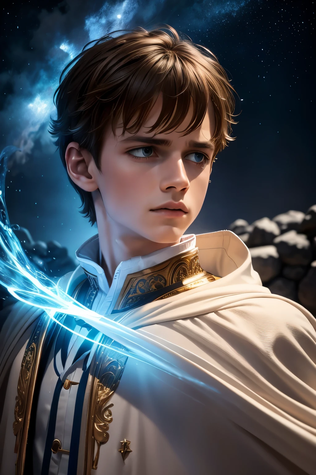 a boy in a starry night sky, wearing a long flowing white cloak, detailed face and expression, highly detailed, cinematic lighting, fantasy, dramatic, moody, deep colors, vibrant colors, intricate details, masterpiece, 8k, best quality