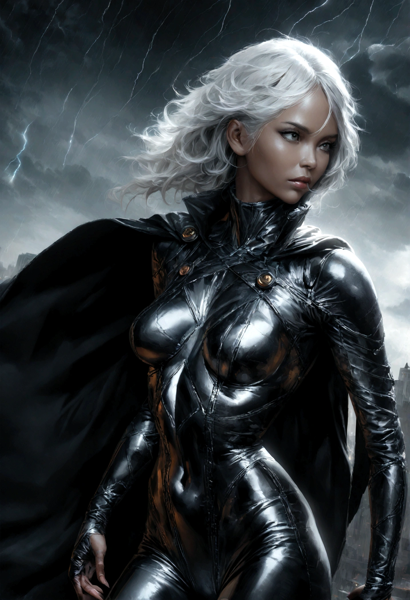 [Halle Berry] from X-Men with white hair wearing tight-fitting white and grey latex outfit with cape flying over night city with lightnings coming out of hands, lighning bolts, storm, tornado, beautiful face,perfect face, skin pores, intricate skin texture, realistic skin, black skin, single girl, solo girl, og style,glossy, realistic, photo shoot, professional, limited palette,high contrast,amazing detail,dynamic lights, hyperrealism, masterpiece, best quality, HDR, viewpoint, highest quality, sharp focus, digital art render, 8k