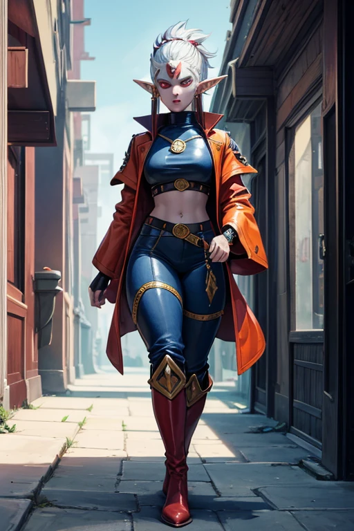 niji mode, ancient fantasy setting, a young elf with orange skin, pierced pointed ears, a platinum crew cut displays a piercing gaze and a confident demeanor.  Adorned in a two-piece fusion outfit, perfectly blending Western and Eastern influences, he wears a comfortable dark t-shirt paired with a vibrantly colored jacket.  The bottom half features loose-fitting white utilitarian pants, and its long, chunky boots echo through the hallways of a retro-futuristic architectural landscape.  The overall aesthetic captures the essence of a refined and mature anime-inspired rogue, face with red face paint, extremely detailed glowing gradient eyes, ultra-fine painting, exquisite and mature, Anatomically correct, creativity, Natural light, Cinematic magic lighting, best shadow, Work of art, art book, Studio ghibli, metal hurlant, moebios.