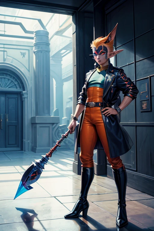 niji mode, ancient fantasy setting, a young elf with orange skin, pierced pointed ears, a platinum crew cut displays a piercing gaze and a confident demeanor. Adorned in a two-piece fusion outfit, perfectly blending Western and Eastern influences, he wears a comfortable dark t-shirt paired with a vibrantly colored jacket. The bottom half features loose-fitting white utilitarian pants, and its long, chunky boots echo through the hallways of a retro-futuristic architectural landscape. The overall aesthetic captures the essence of a refined and mature anime-inspired rogue, face with red face paint, extremely detailed glowing gradient eyes, ultra-fine painting, exquisite and mature, Anatomically correct, creativity, Natural light, Cinematic magic lighting, best shadow, Work of art, art book, Studio ghibli, metal hurlant, moebios.