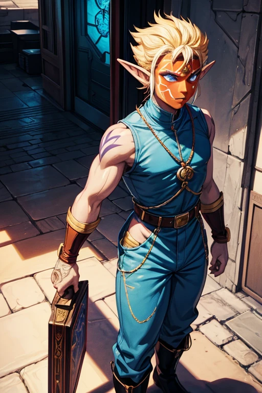 niji mode, ancient fantasy setting, a young elf with orange skin, pierced pointed ears, a platinum crew cut displays a piercing gaze and a confident demeanor. Adorned in a two-piece fusion outfit, perfectly blending Western and Eastern influences, he wears a comfortable dark t-shirt paired with a vibrantly colored jacket. The bottom half features loose-fitting white utilitarian pants, and its long, chunky boots echo through the hallways of a retro-futuristic architectural landscape. The overall aesthetic captures the essence of a refined and mature anime-inspired rogue, face with red face paint, extremely detailed glowing gradient eyes, ultra-fine painting, exquisite and mature, Anatomically correct, creativity, Natural light, Cinematic magic lighting, best shadow, Work of art, art book, Studio ghibli, metal hurlant, moebios.
