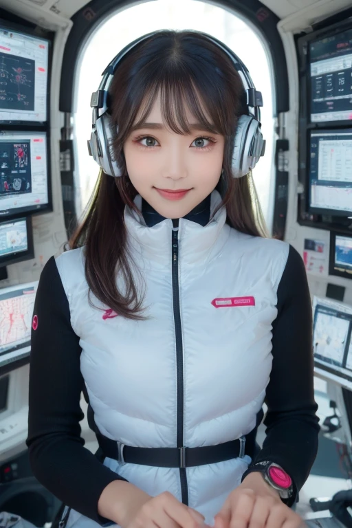 masterpiece, highest quality, Very detailed, 8K Portrait,Japanese Android Girl,plump , Control panel,Robotic arms and legs, Blunt bangs,,break (Metallic Gray, Metallic luster, Mirror finish, Astro Best):5,headphone:5,break (Black sleeves):100,Smart Watches,Futuristic space station,Control Room,break headphone,blue eyes,(Black Hair):2,(Long Hair):1.3,Displaying the viewer,(respirator),break blush:3,Hidden Hand,smile
