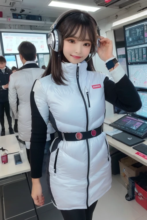 masterpiece, highest quality, Very detailed, 8K Portrait,Japanese Android Girl,plump , Control panel,Robotic arms and legs, Blunt bangs,,break (Metallic Gray, Metallic luster, Mirror finish, Astro Best):5,headphone:5,break (Black sleeves):100,Smart Watches,Futuristic space station,Control Room,break headphone,blue eyes,(Black Hair):2,(Long Hair):1.3,Displaying the viewer,(respirator),break blush:3,Hidden Hand,smile