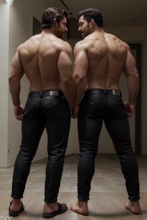 Award-winning original photoen, 30 years old man and wild muscular man, 40 years old, short beards, burly, hunk, wearing shirts, smilling happil, detailed, lovely, ((full body)), (((shirtless )))(((black black jeans))) (((backside))) (((Big butt)))