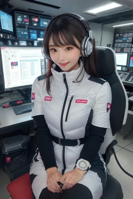 masterpiece, highest quality, Very detailed, 8K Portrait,Japanese Android Girl,plump , Control panel,Robotic arms and legs, Blunt bangs,,break (Metallic Gray, Metallic luster, Mirror finish, Astro Best):5,headphone:5,break (Black sleeves):100,Smart Watches,Futuristic space station,Control Room,break headphone,blue eyes,(Black Hair):2,(Long Hair):1.3,Displaying the viewer,(respirator),break blush:3,Hidden Hand,smile
