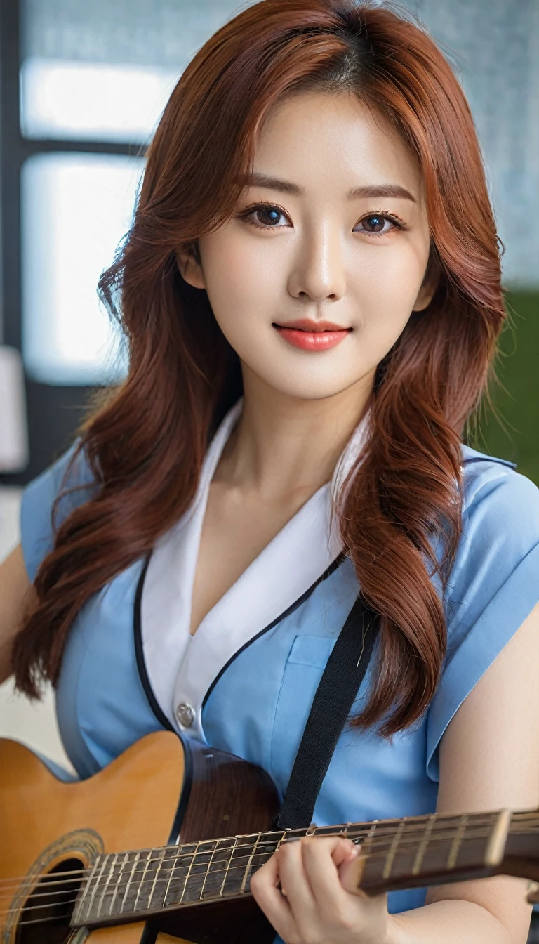 close-up shot of beautiful korean female, 36 inch breasts size, red hair between eyes, slightly smile, wearing dresed in a blue, black and white themed sleeveless collared IT support uniform, at IT staff room, (playing a guitar:1.6)